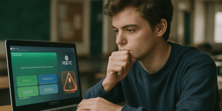 A digital classroom environment showing a student hesitating between using cheating bots and fair learning on Gimkit, highlighting risks of bot spammers and promoting honest gameplay in 2025.