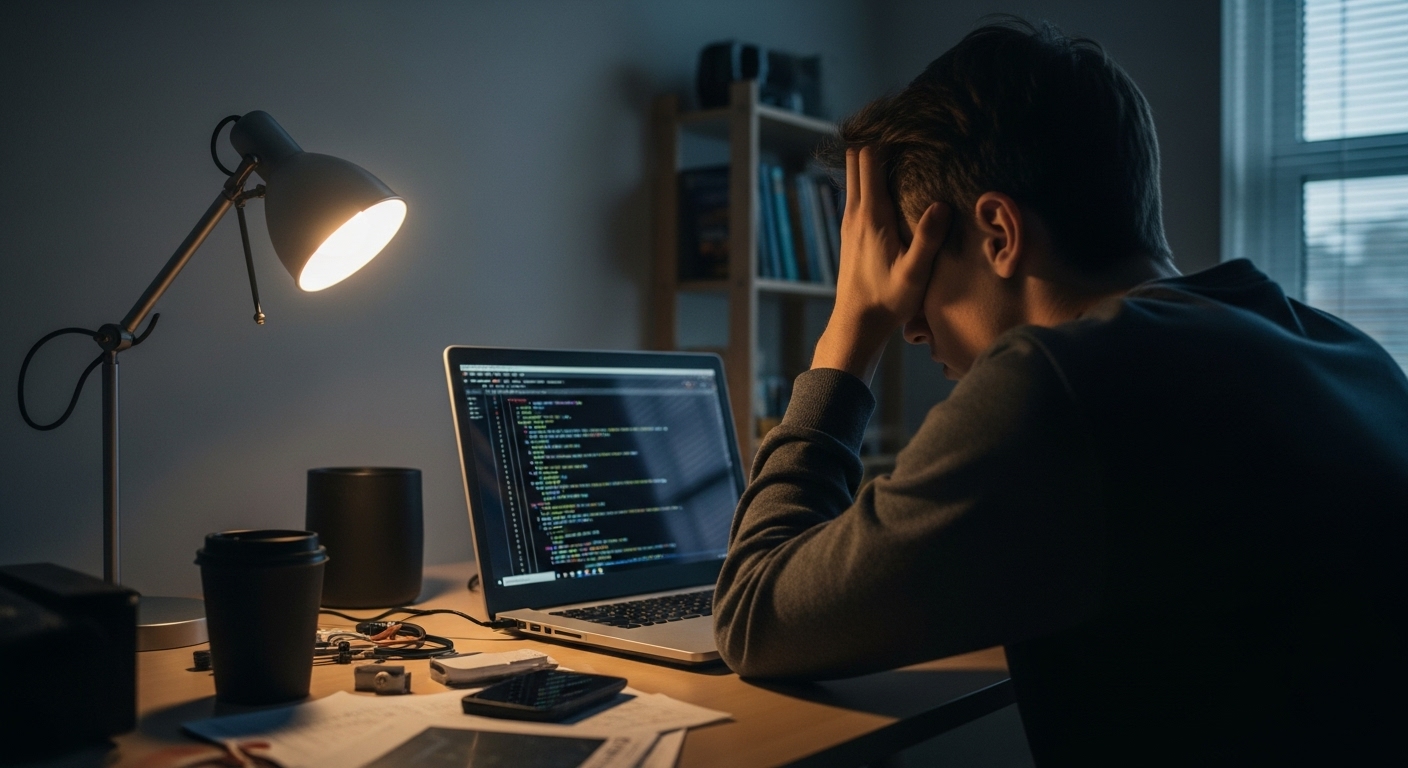 Frustrated young student looking at a laptop displaying unauthorized bot flooder code, reflecting misguided attempts to hack Gimkit games
