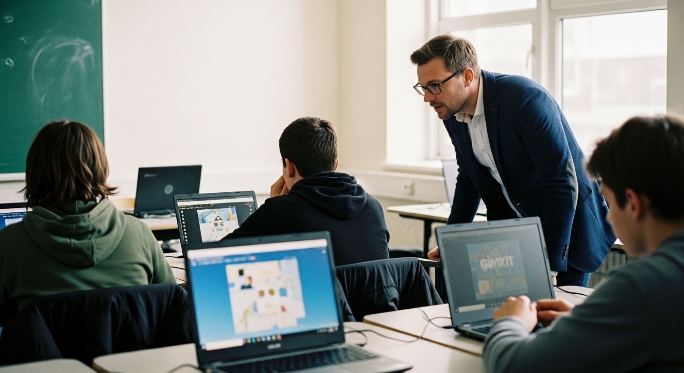 Teacher monitoring classroom screens to prevent disruptive bot flooding and fake accounts in online Gimkit sessions

