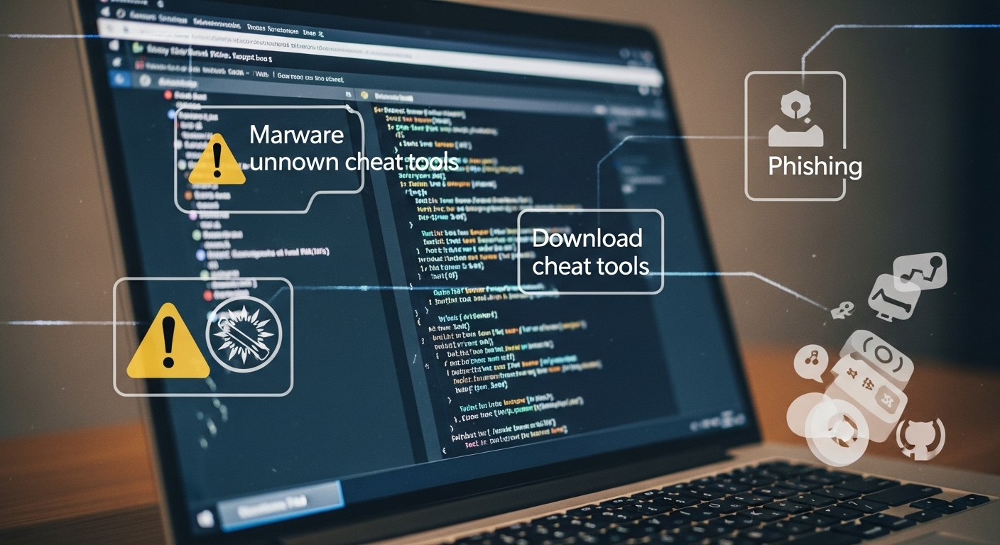 Close-up of a laptop screen showing suspicious code on GitHub with warning signs about malware and security risks