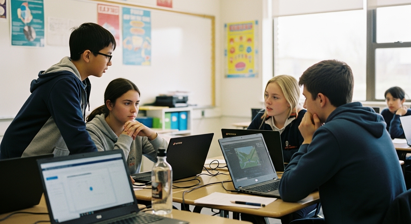 Students collaborating strategically during a team-based Gimkit Capture the Flag game in a bright classroom setting

