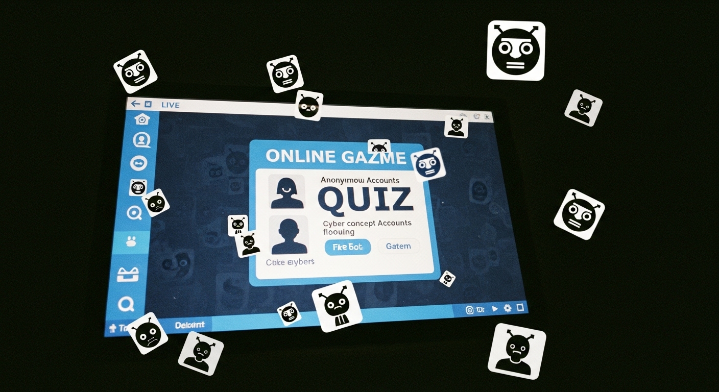 Visual concept of multiple fake bot accounts flooding an online quiz game like Gimkit, symbolizing unauthorized access and game disruption