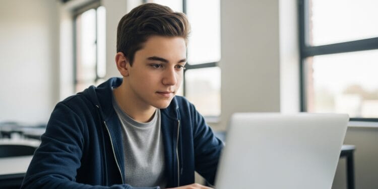 Concerned student using a laptop, avoiding hacks and malware while playing Gimkit, emphasizing fair play and account security in a modern classroom