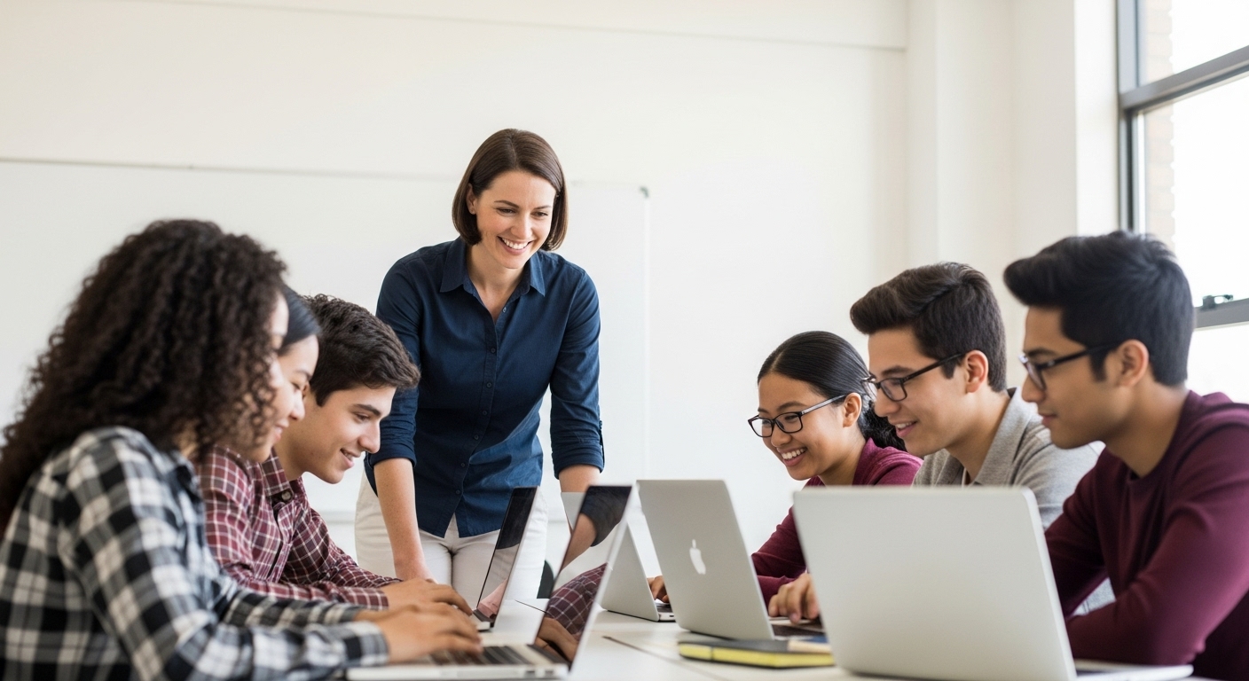 A group of students collaborating positively in a classroom, using laptops responsibly under the guidance of a teacher, symbolizing Gimkit’s commitment to fair competition and genuine learning.