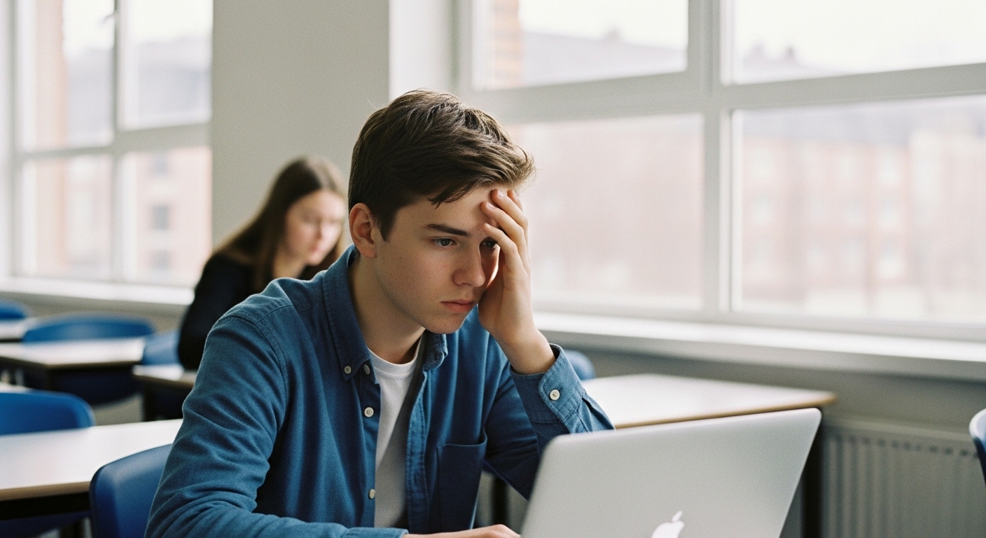 Student looking frustrated at a laptop, avoiding auto-answer scripts and cheating tools while playing Gimkit in a classroom


