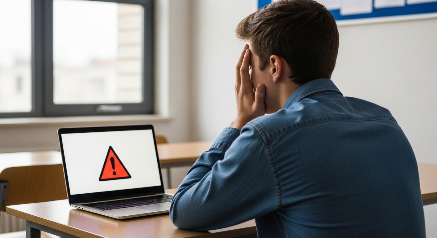 A concerned student looking at a warning sign on a laptop screen showing cybersecurity threats and risks of using unauthorized tools like Gimkit bot flooders.