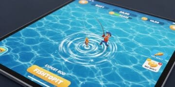 A vibrant, high-quality, close-up shot of a smartphone or tablet screen displaying the Fishtopia Gimkit game interface, showing a player's avatar successfully casting a line into shimmering blue water with the 'Expert Rod' visible. In the background, coins and bait icons are clearly visible, symbolizing learning and rewards. The image is hyper-realistic and inviting.
