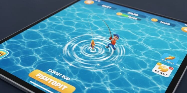 A vibrant, high-quality, close-up shot of a smartphone or tablet screen displaying the Fishtopia Gimkit game interface, showing a player's avatar successfully casting a line into shimmering blue water with the 'Expert Rod' visible. In the background, coins and bait icons are clearly visible, symbolizing learning and rewards. The image is hyper-realistic and inviting.