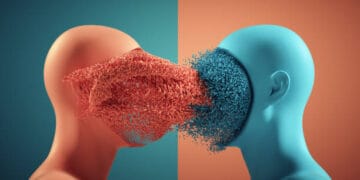 Two faceless people standing in front of each other. Deep learning and identity concept. This is a 3d render illustration