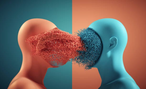 Two faceless people standing in front of each other. Deep learning and identity concept. This is a 3d render illustration