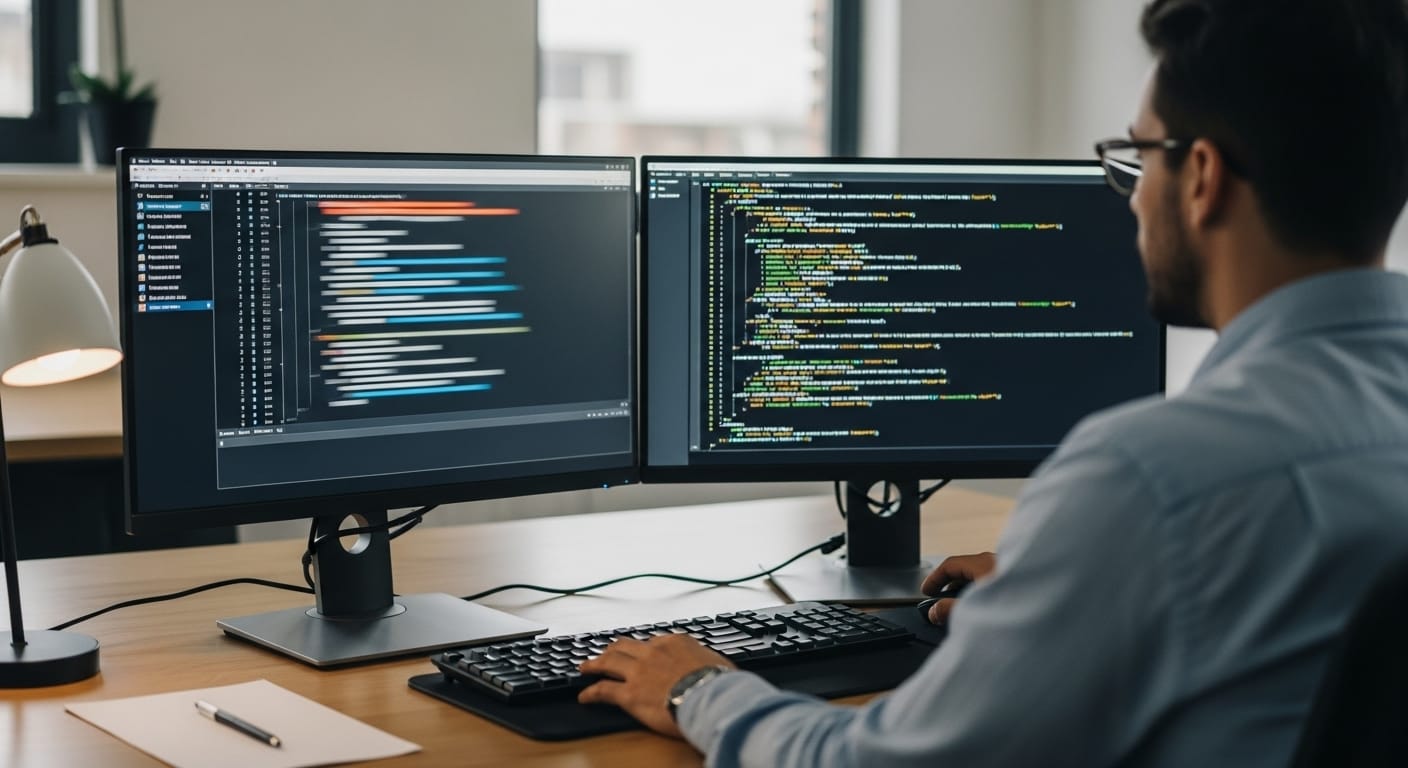 Developer in an office reviewing code and security systems for an educational platform like Gimkit, highlighting fair play enforcement