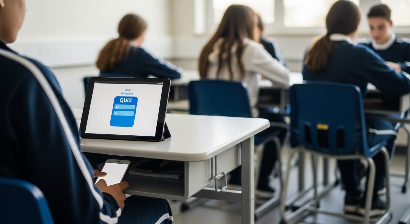 Frustrated student looking at a locked Gimkit account screen on a laptop, symbolizing the consequences of cheating like suspension or device risk
