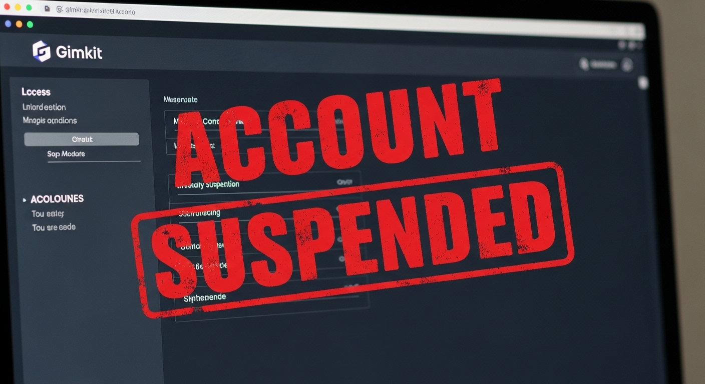 A red "STOP" sign or a "BANNED" stamp digitally imposed over a blurred image of a Gimkit login screen, symbolizing account termination.