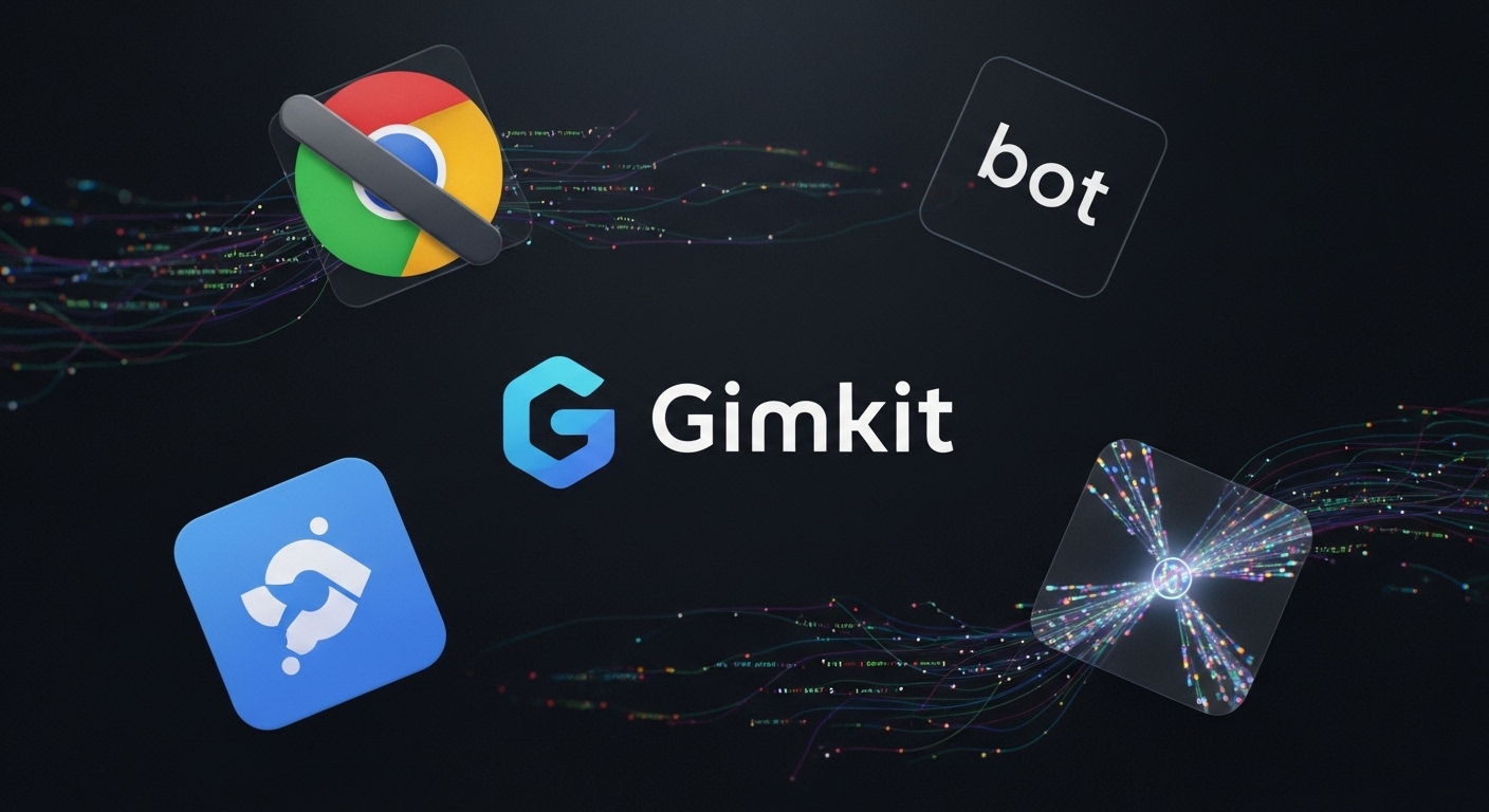 A visual representation of various digital "cheat" methods like a browser extension icon, a generic "bot" script, and a glitch effect, overlaid on a distressed Gimkit logo to symbolize manipulation.