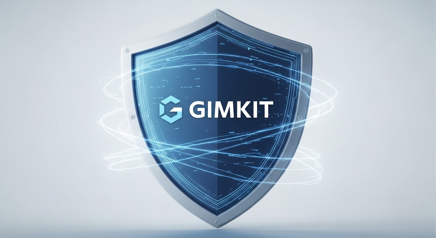 A digital shield icon with the Gimkit logo on it, representing security and protection against unauthorized activity, with lines of code or data flowing securely around it.