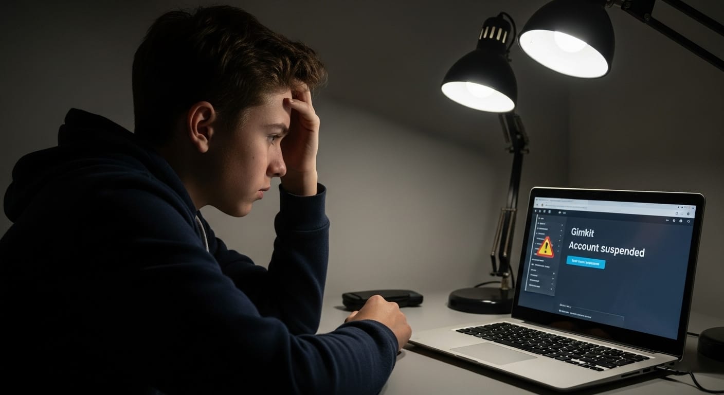 Frustrated student looking at a locked Gimkit account screen on a laptop, symbolizing the consequences of cheating like suspension or device risk