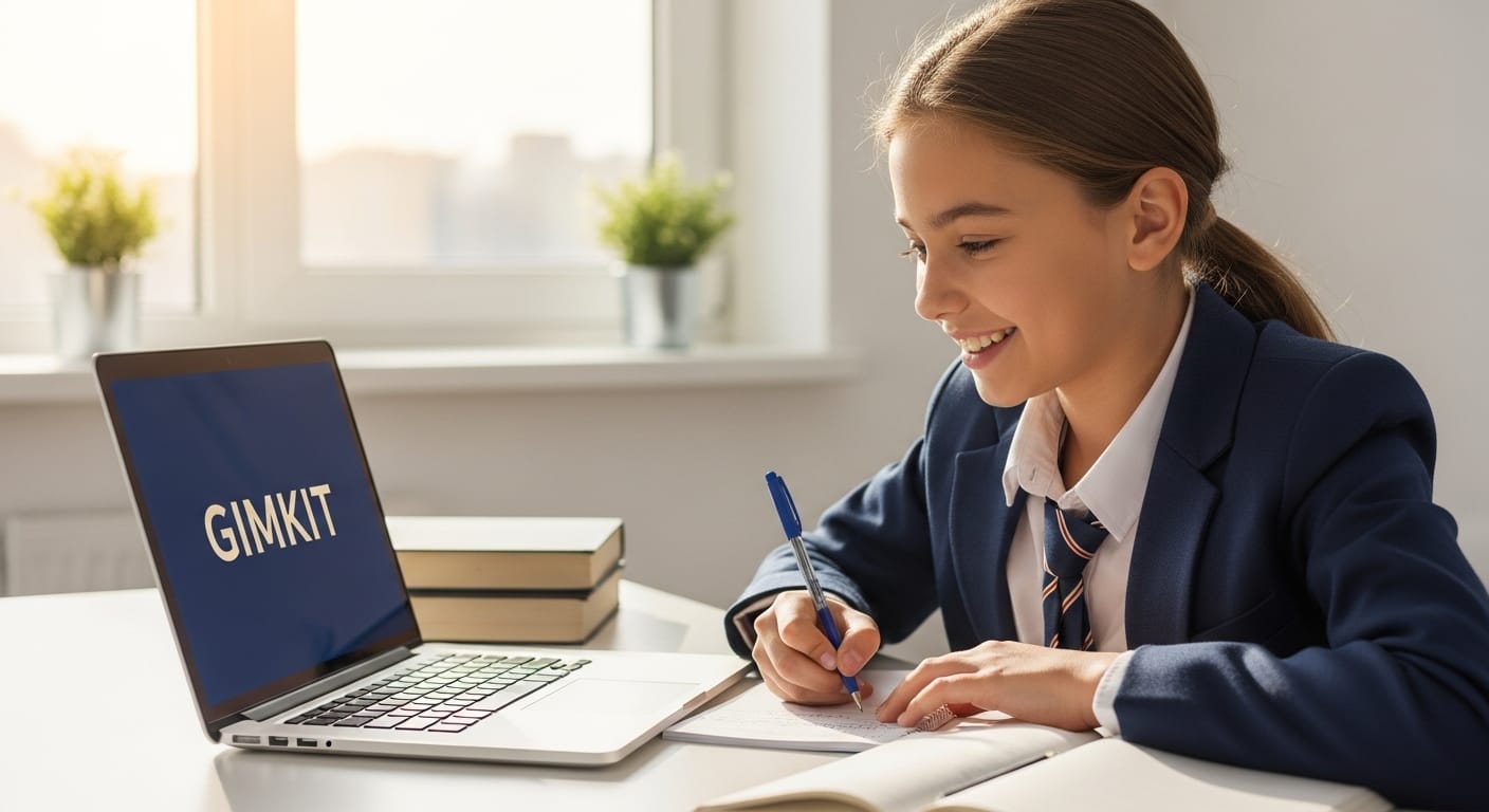 Happy student studying quiz questions on Gimkit while taking notes with a pencil and notebook, showing positive engagement with the learning platform