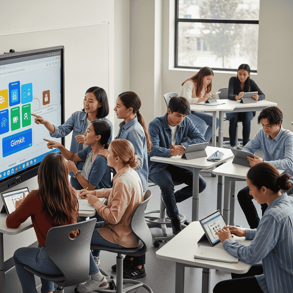 A realistic photo showing a group of diverse middle school students in a classroom, some working collaboratively on a large screen for a team game mode, while others are independently focused on their own devices for a self-paced assignment.