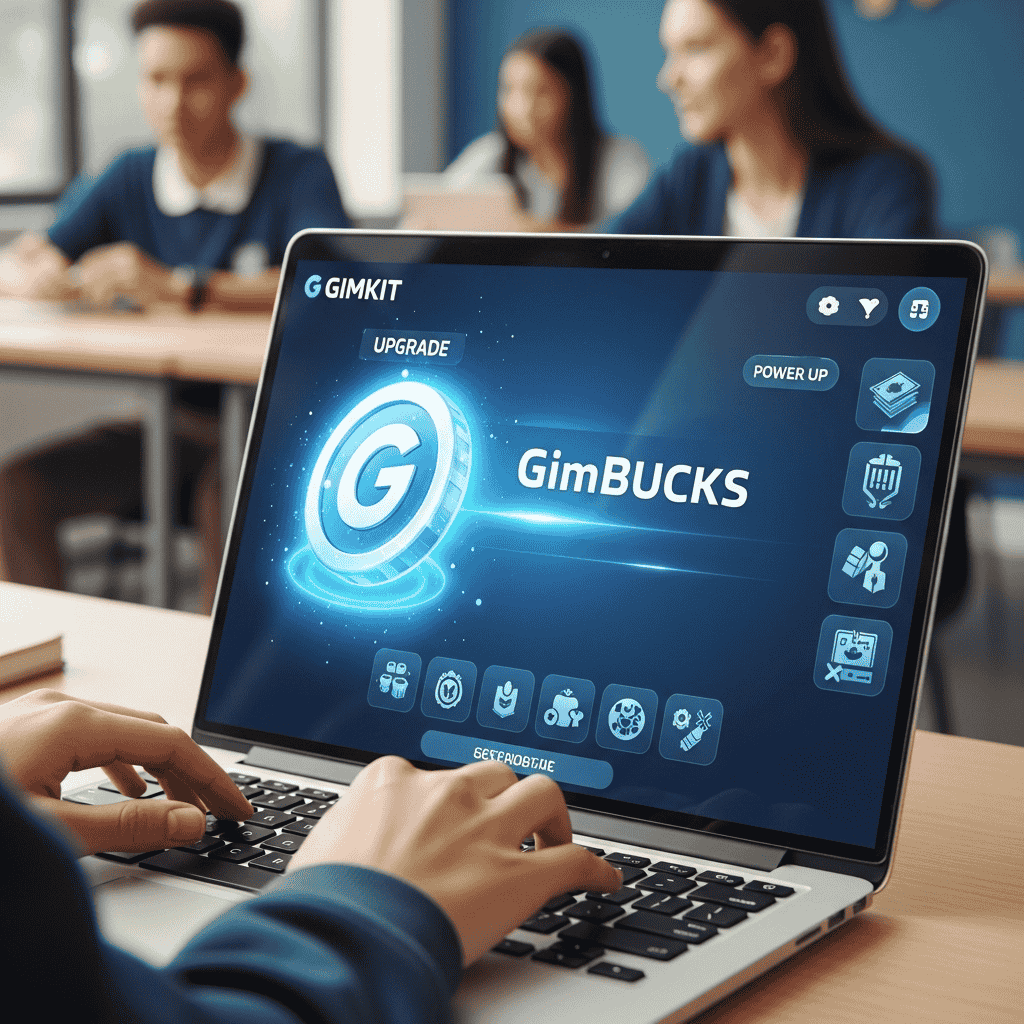 A realistic, close-up photo of a laptop screen displaying a Gimkit game interface, showing a student's virtual currency balance and a menu of in-game upgrades and power-ups, with a blurred background of a classroom.