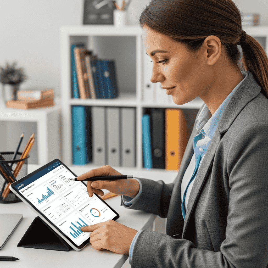 A realistic photo of a dedicated teacher looking at a tablet or laptop screen that shows the real-time Gimkit data dashboard with graphs and student performance metrics. The teacher is smiling, demonstrating a sense of understanding and control over student progress.