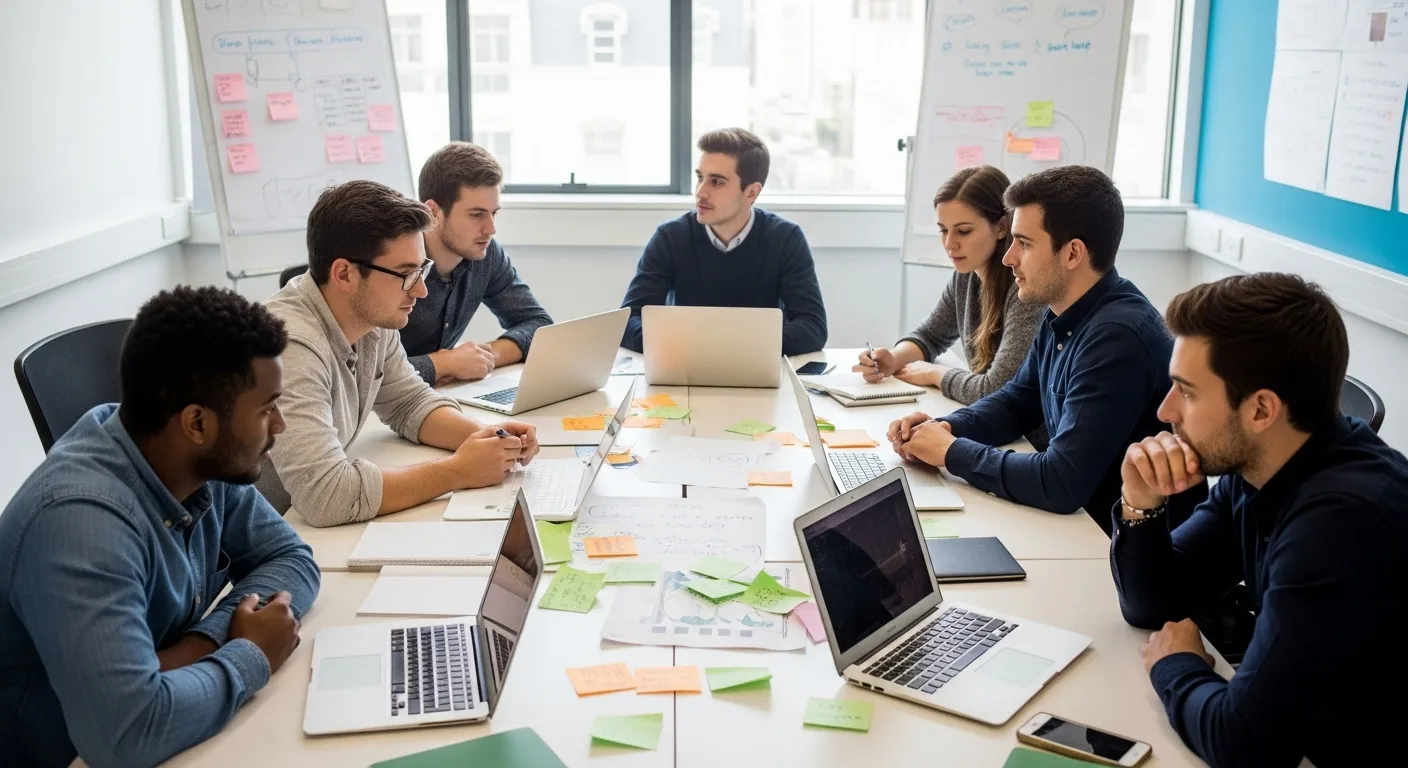 Students collaborating on a group challenge using Gimkit on laptops, surrounded by notebooks and whiteboards filled with ideas in a project-based learning setup
