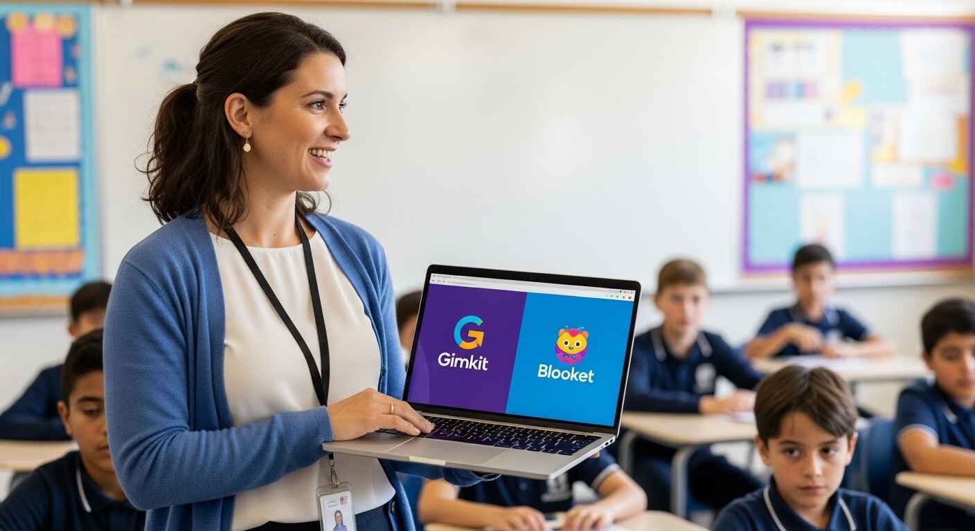 Side-by-side comparison of Gimkit and Blooket platforms for teachers and students in education