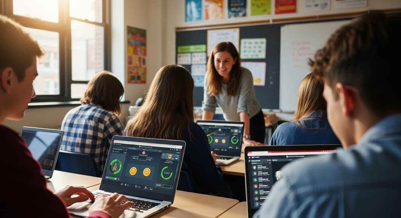 “Students collaborating in a live multiplayer classroom quiz game, earning virtual rewards on laptops.”