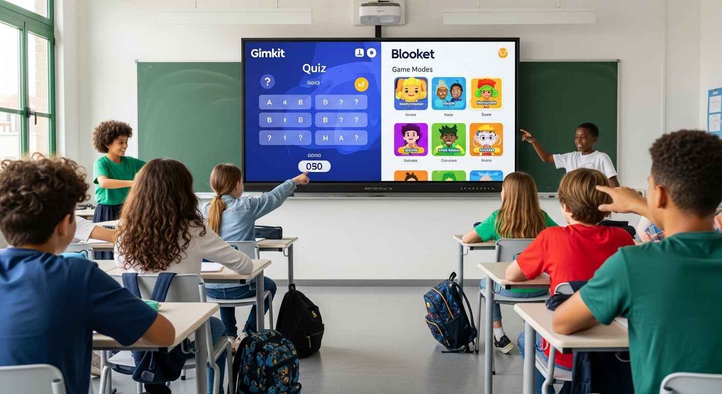 Illustration of different classroom game modes in Gimkit and Blooket showing interactive quizzes and team-based activities