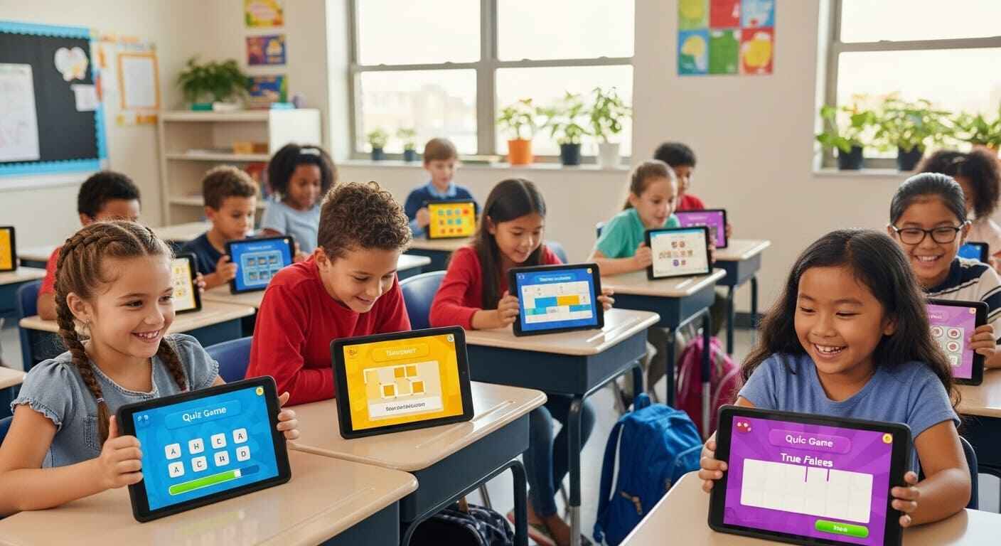 “Students playing different interactive learning game modes on tablets and laptops, expressing excitement.”