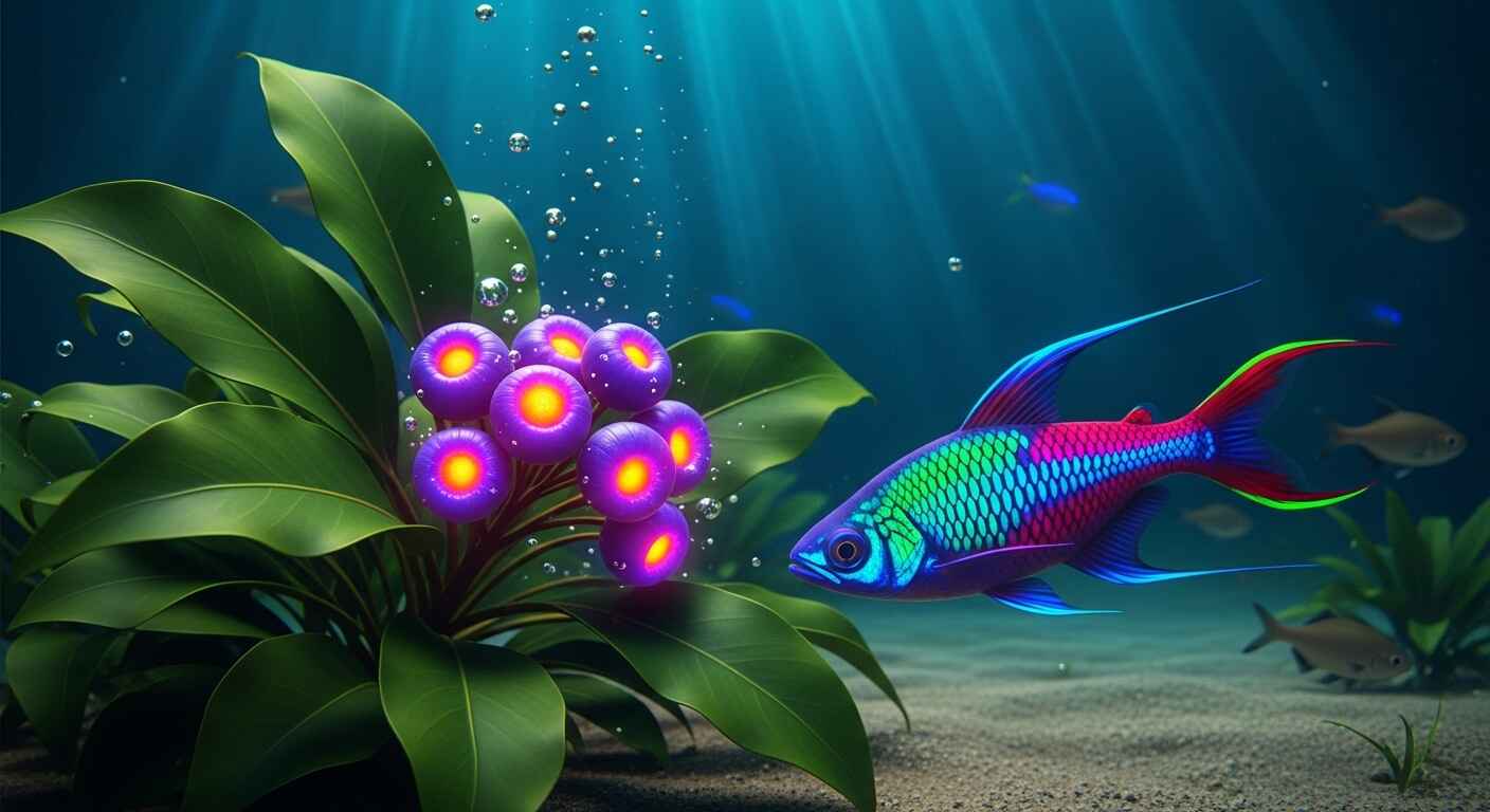 A rare shimmering Gimfish glowing underwater with GimBerries nearby, representing advanced fishing strategies in Fishtopia Gimkit.