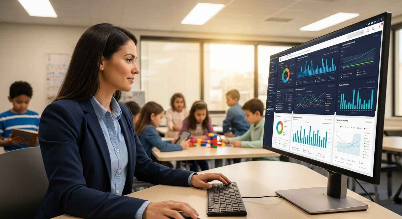 “Teacher analyzing real-time classroom quiz data and performance charts on a digital dashboard.”