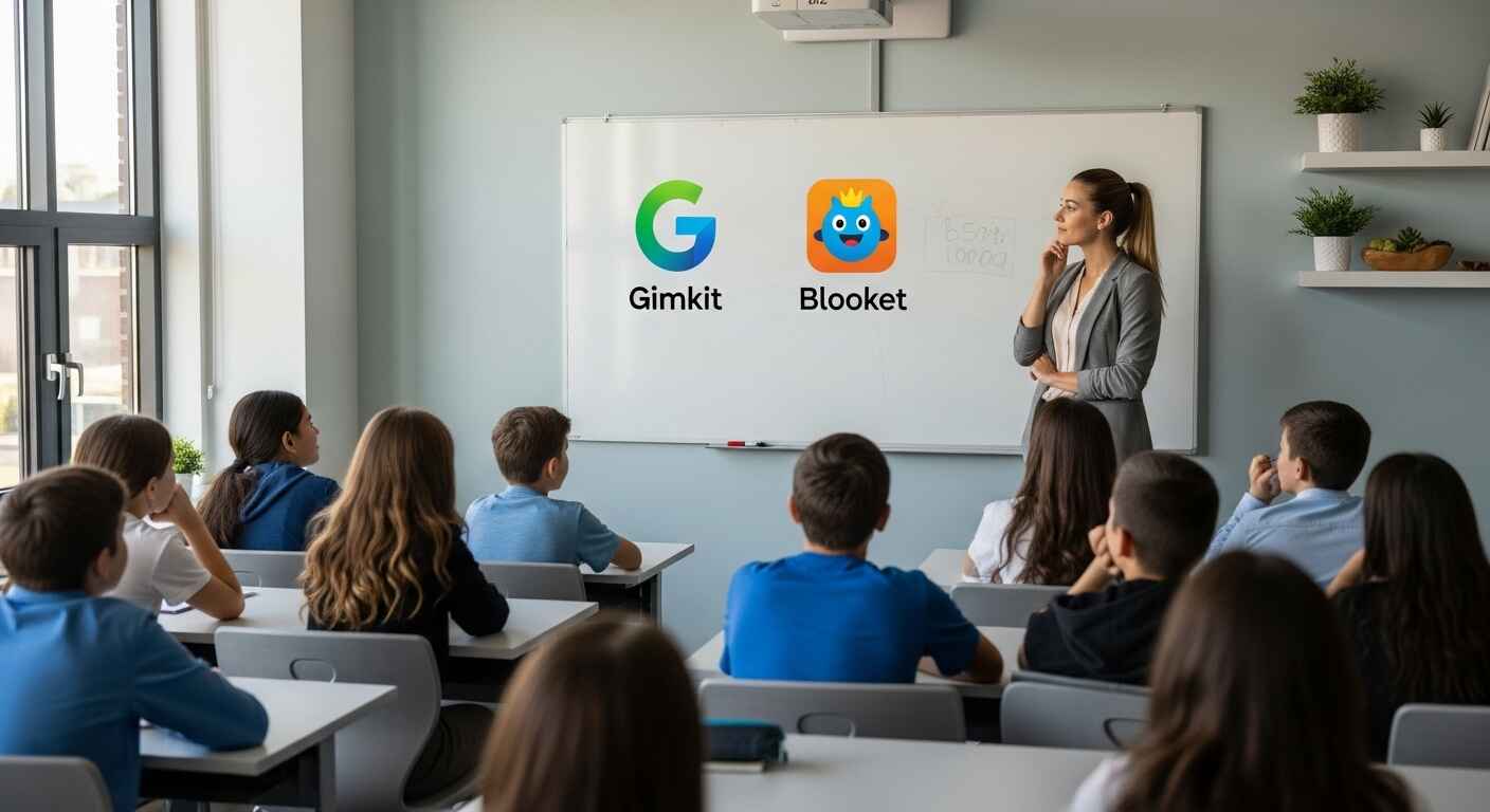 Teacher making decision between Gimkit and Blooket for classroom learning gamification tools
