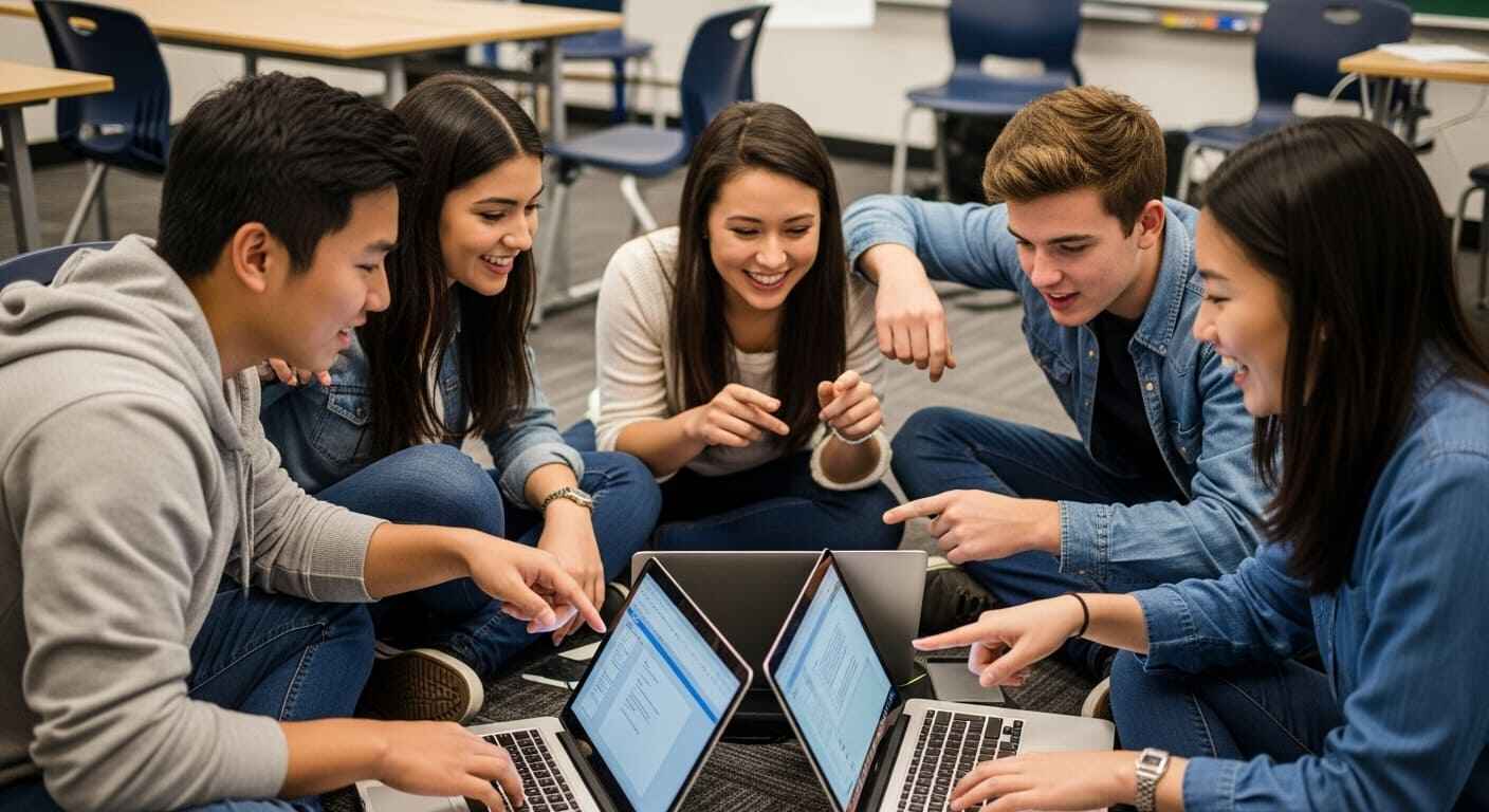“Group of students brainstorming quiz questions together using Gimkit KitCollab on laptops.”