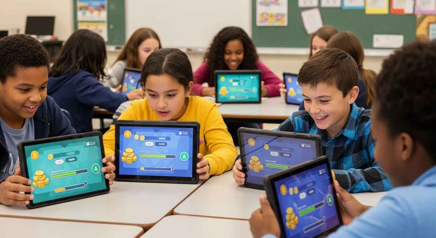 “Students strategizing to earn and spend virtual money in Gimkit for better learning outcomes.”