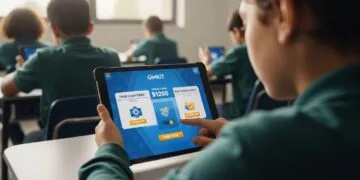 High-quality, realistic image of a middle school classroom during a Gimkit game. Focus on a student's hands on a tablet, showing a dynamic, colorful in-game screen with a virtual cash counter and upgrade buttons clearly visible. In the background, the teacher's dashboard is subtly projected onto a whiteboard, showing live analytics. Modern, bright lighting and a slightly blurred background to emphasize the student's engagement and strategic focus.