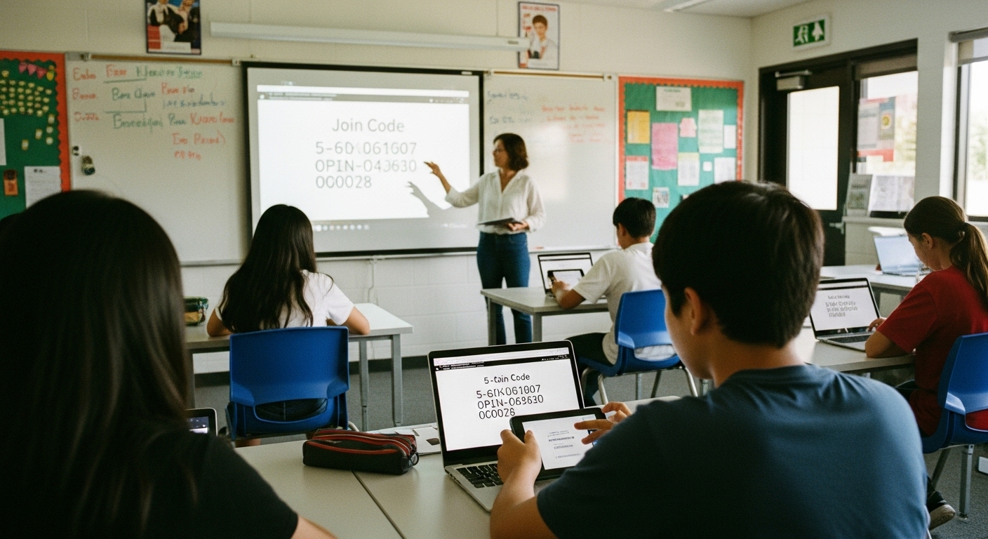 Students entering a live Gimkit game join code on laptops in a bright classroom, joining a teacher-hosted game session

