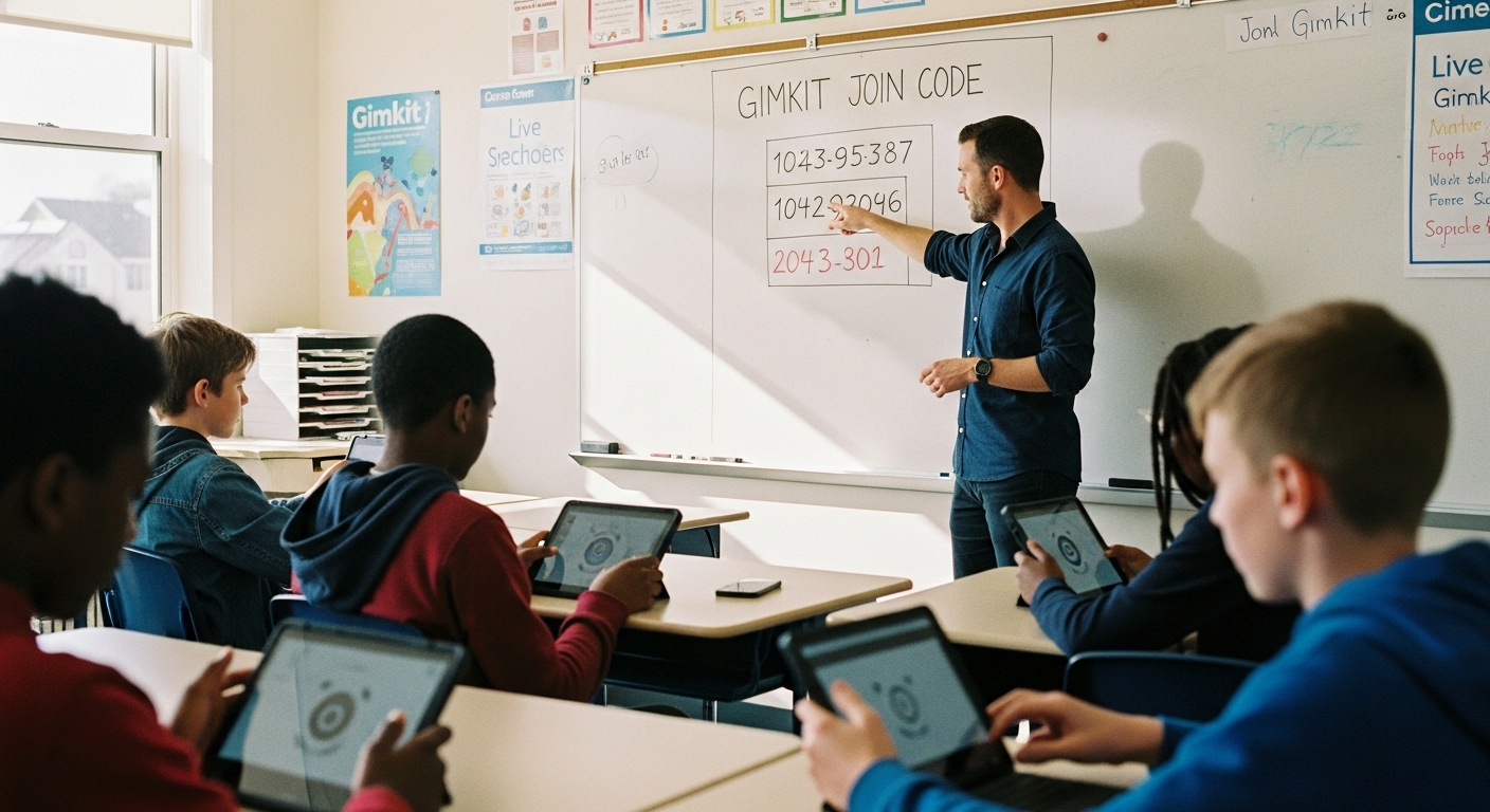 Teacher sharing a unique Gimkit join code on a classroom whiteboard while students enter the code on their tablets to join the game

