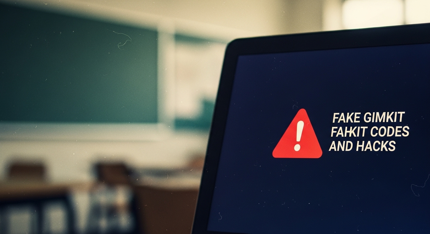 Close-up of a laptop screen with a warning symbol, highlighting false claims about universal Gimkit codes and hacks


