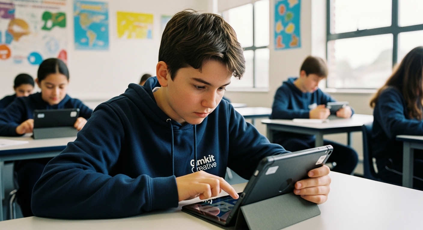 Student entering a unique Gimkit Creative game ID on a tablet to play a user-generated educational game in a modern classroom

