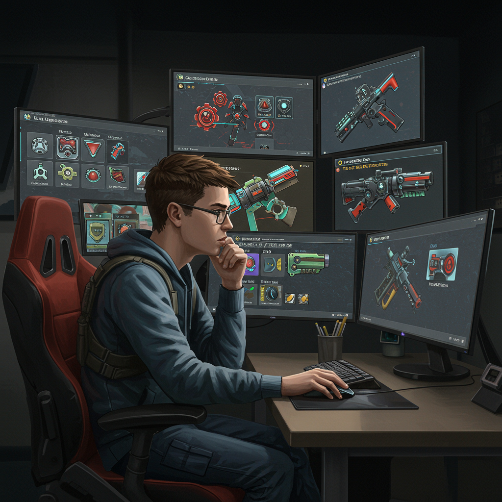 A thoughtful gamer sitting at a desk with multiple screens showing different Gimkit modes (Classic upgrades, PvP gadgets, Creative weapons), highlighting the idea that success depends on adaptability and strategic use of all tools.