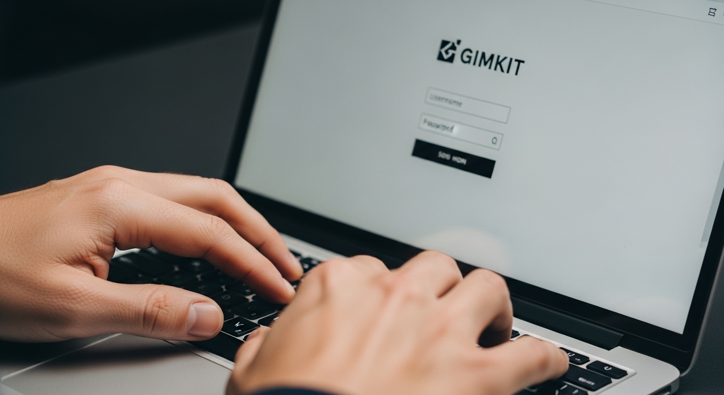 A person's hands typing their login credentials on the Gimkit website on a laptop, with the Gimkit logo visible.