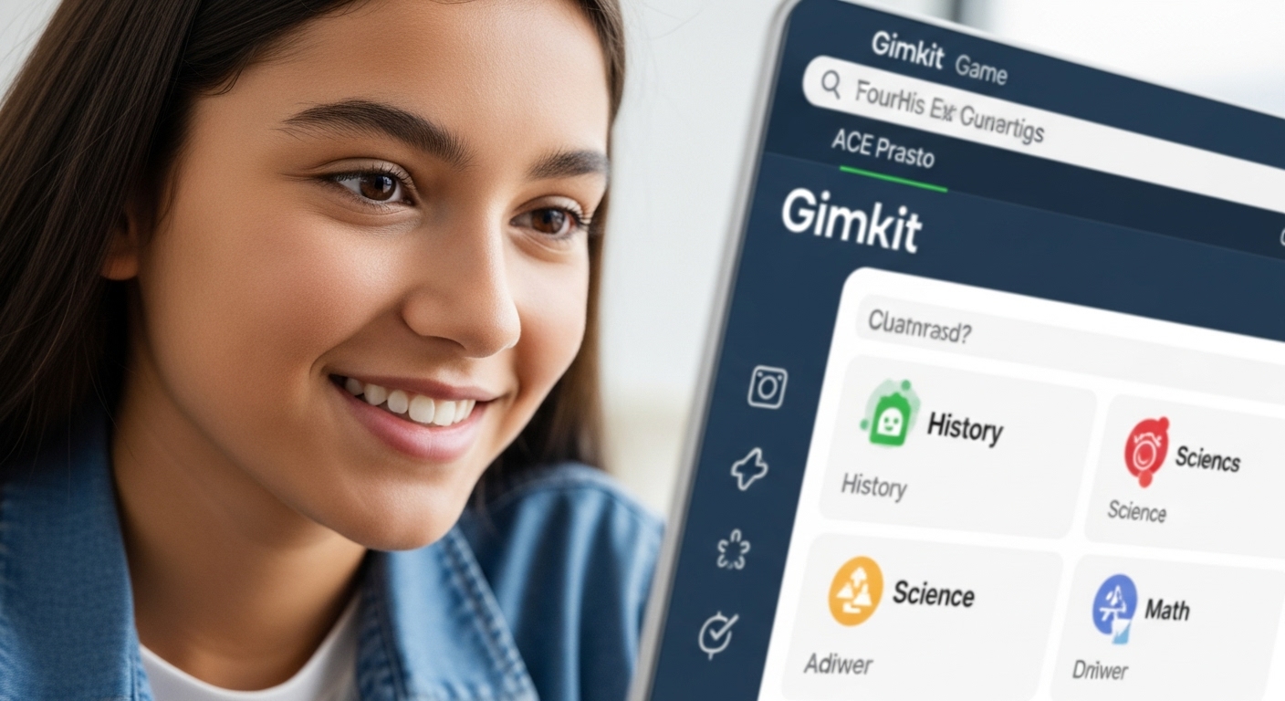 A student smiling while correctly answering a question in a public Gimkit game on their laptop, with a variety of subject icons subtly visible in the game interface.