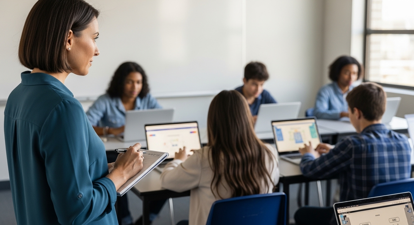 A teacher thoughtfully observing a classroom of students playing a public Gimkit game on their devices, taking notes on their performance.