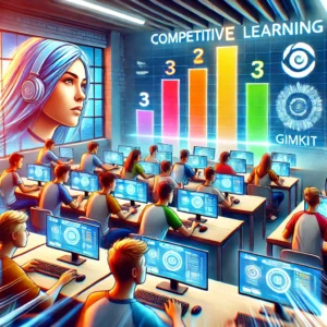 Students in a classroom intensely focused on individual screens, with a leaderboard displaying rankings, representing the excitement of competitive gamified learning in Gimkit.