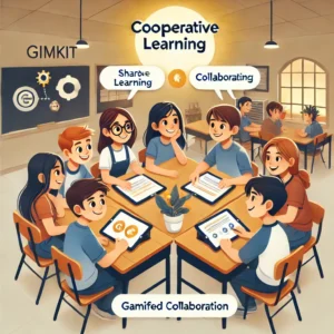 Students gathered around shared screens in a classroom, collaborating and discussing answers, representing cooperative teamwork in Gimkit’s gamified learning mode.