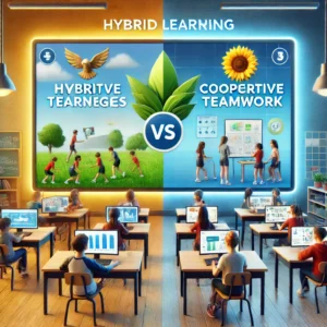 A split-screen image showing competitive gameplay with leaderboards on one side and cooperative teamwork with students collaborating on shared goals on the other, showcasing hybrid learning strategies in Gimkit.