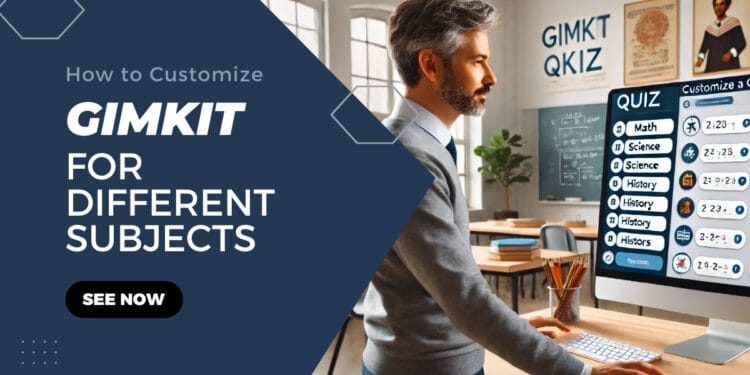Teacher customizing Gimkit quiz for different subjects like math, science, history, and more to engage students interactively