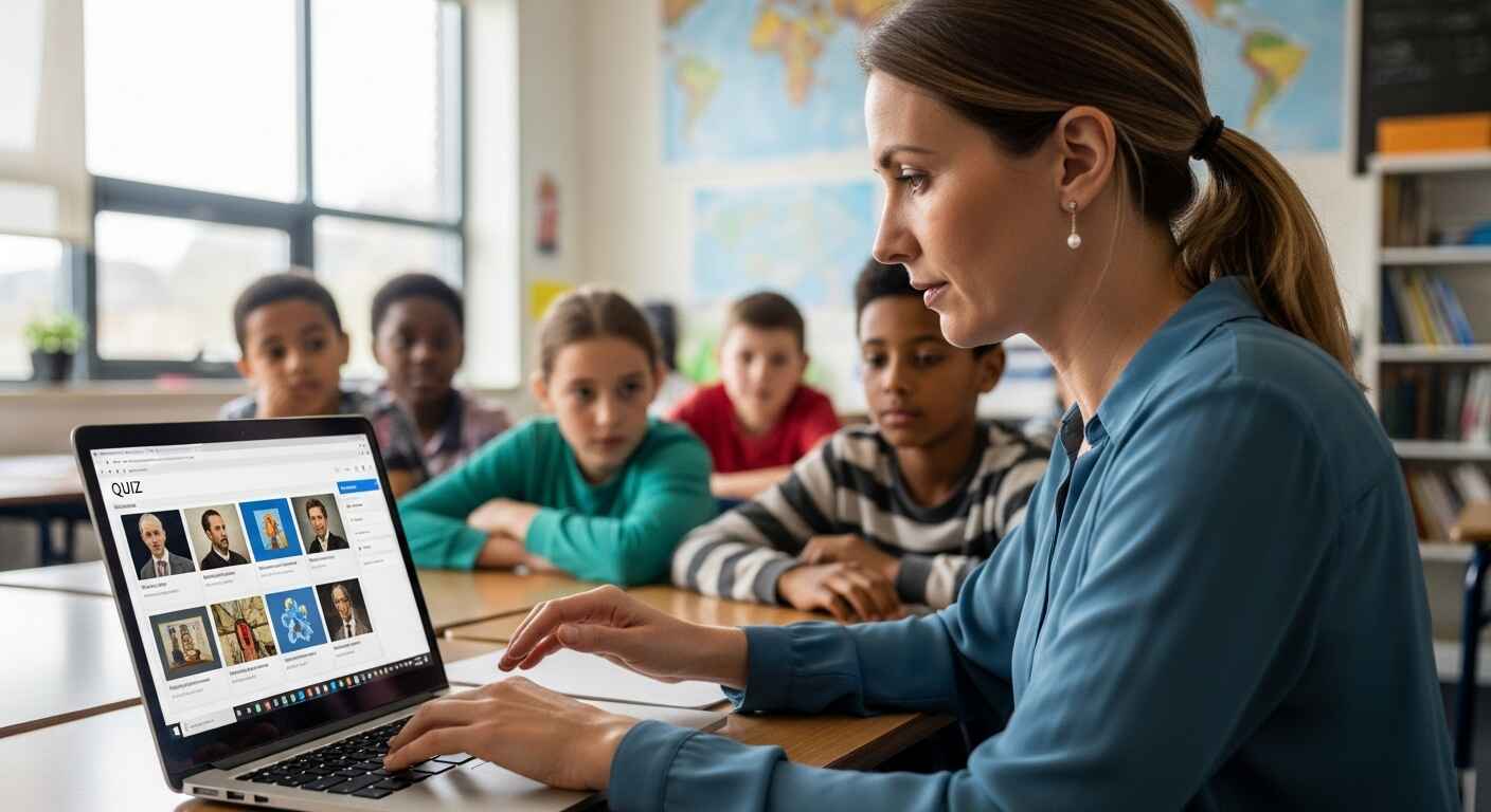 Teacher adding images to Gimkit questions on a laptop to create interactive quizzes for students.