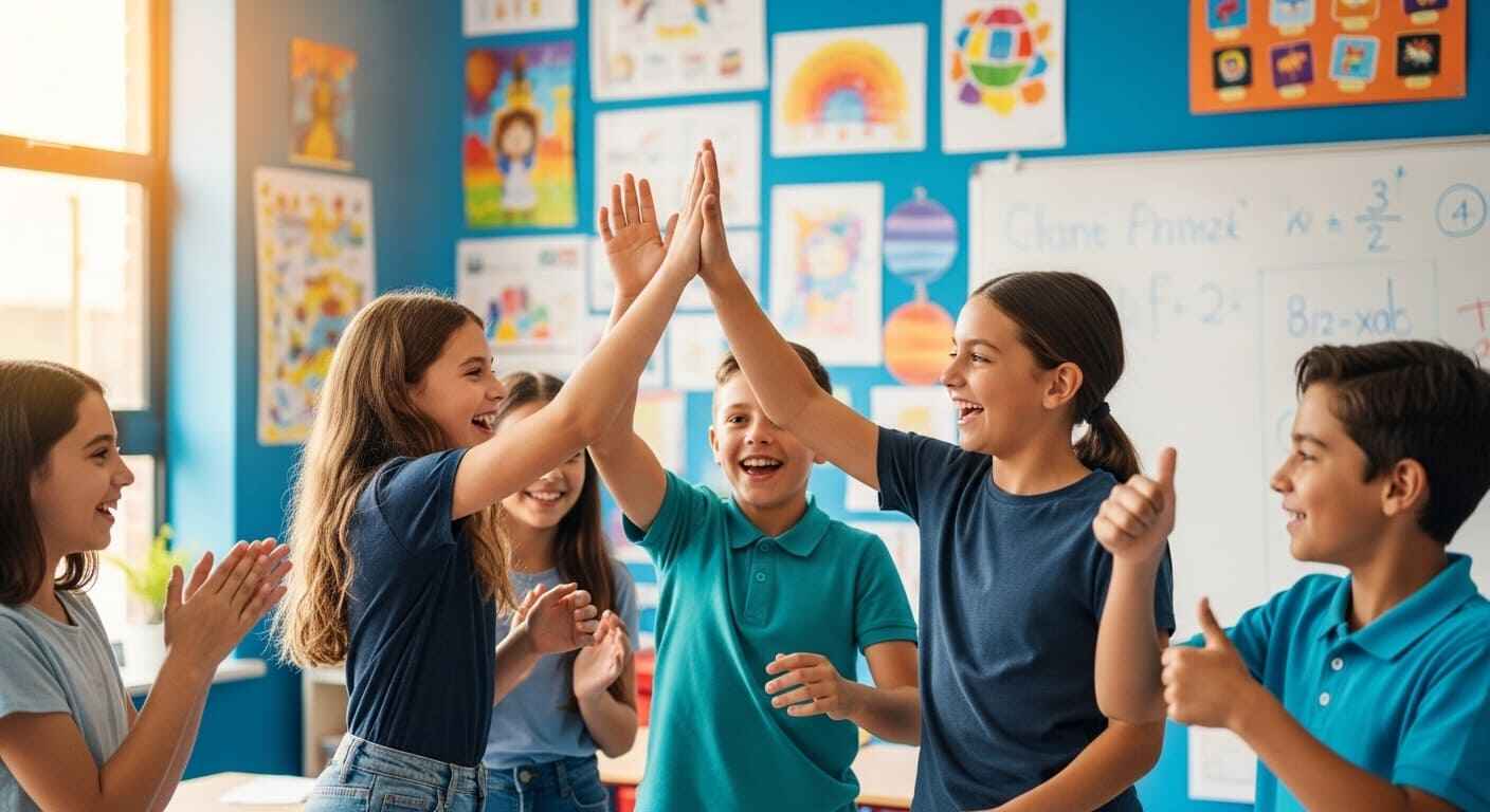 Happy students celebrating success after completing a Gimkit round, showing teamwork and confidence.