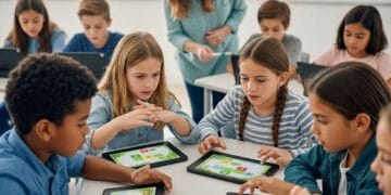 Photo-realistic image of a diverse group of middle school students engaged in a Gimkit game on tablets, some looking puzzled while others strategize, with a teacher gently guiding. The scene conveys both the common challenges and the potential for improved engagement and learning.